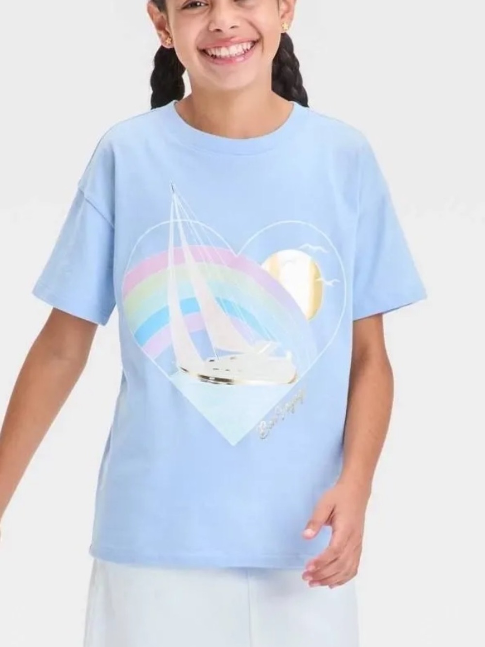 Girls' Light Blue Graphic Tee with Rainbow Sailboat 8